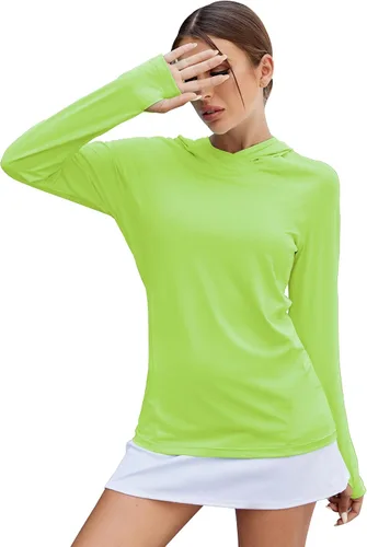 Vista 13 de LUYAA - Sudaderas con capucha para mujer, protección solar UPF 50+, transpirables, elásticas, para senderismo, manga larga, para correr Beige