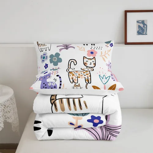 Vista 4 de Feelyou Juego de edredón de dibujos animados de gatos, juego de edredón de gatitos y flores, para niños, niñas, adolescentes, mascotas, gatos, juego