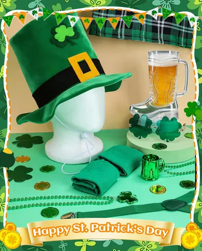 Vista 4 de 8 Pcs St Patricks Day Leprechaun Costumes, Irish Masquerade Party Outfit for Men Women