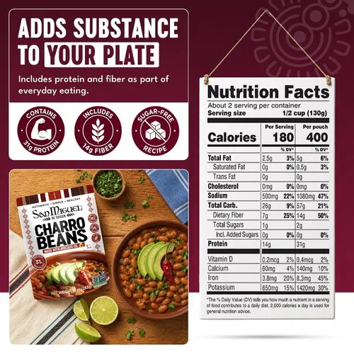Vista 2 de Frijoles Charro para microondas San Miguel con chorizo, 1.09 oz de proteína