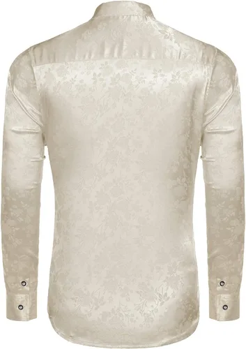 Vista 4 de COOFANDY - Camisas de vestir de seda de satén para hombre, con manga larga, diseño jacquard floral, botones, para fiesta, graduación y boda