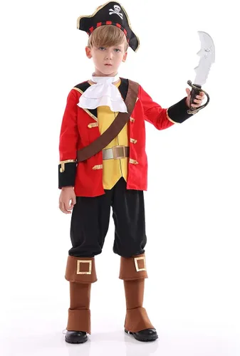 Vista 5 de Funivals Disfraz de pirata de lujo para niños, juego de rol de capitán de siete mares para fiesta de Halloween