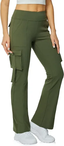 Vista 3 de Leggings acampanados de yoga para mujer, cintura alta, pantalones casuales de yoga, leggings de entrenamiento, con 6 bolsillos, pantalones de yoga