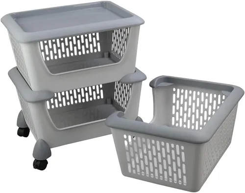 Vista 7 de Asking Cesta de almacenamiento apilable de cocina de plástico gris, cesta organizadora apilable de 3 niveles con ruedas