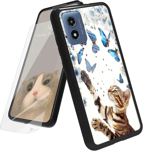 Vista 87 de Funda para Motorola Moto G Play 4G 2024 con protector de pantalla, parte trasera de vidrio templado + funda de silicona suave TPU absorción