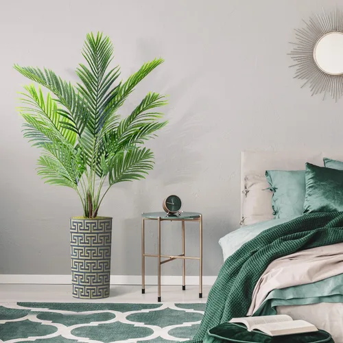 Vista 5 de Árbol artificial en macetero con patrón geométrico moderno, palmera tropical areca artificial de seda para decoración del hogar en interiores