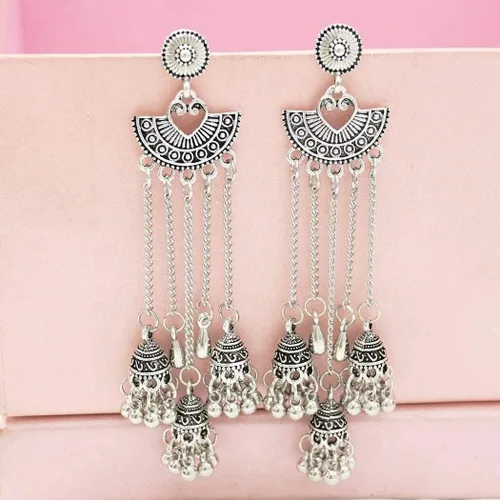 Vista 7 de Juego de 6 pares de aretes colgantes étnicos indios Jhumka Jhumki para mujer, vintage, plata y oro, largos con borlas, aretes de campana, joyería