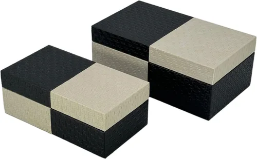 Vista 7 de Galt International Cajas de almacenamiento decorativas de cuero vegano, caja grande y pequeña con tapa con bisagras, diseño de cuero a cuadros negro