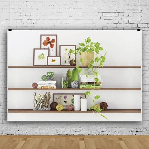 Vista 4 de Telón de fondo moderno de 5 x 3 pies para decoración de sala de estar, estantería de plantas verdes, telón de fondo de oficina