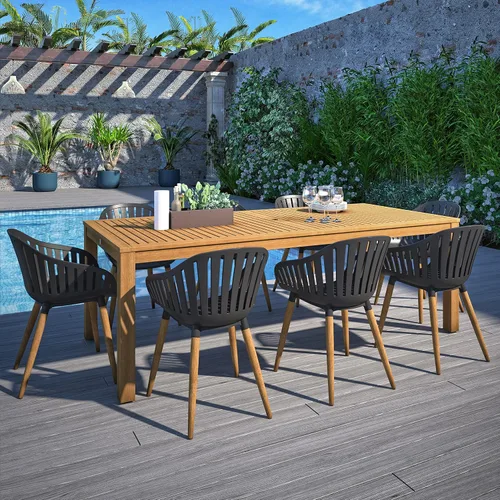 Vista 13 de Brampton Patio Brampton Venice - Juego de comedor rectangular de 7 piezas, acabado de teca oscura y sillas grises, ideal para patio y exteriores