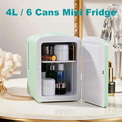 Vista 3 de Mini nevera, 4 litros/6 latas de cuidado de la piel con línea ondulada retro (verde) Compact Mini Makeup Fridge for Beauty & Beverages, Dual-use