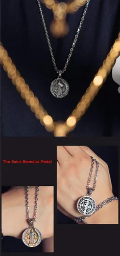 Vista 6 de Titanium Stainless Steel Cross Saint Benedict Medal Pendant Necklace for Men Women70cm Chain