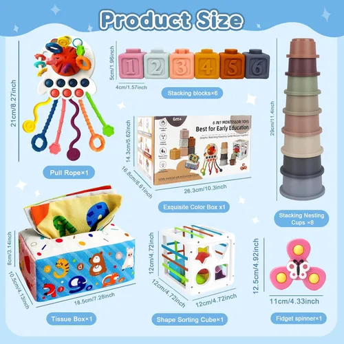 Vista 3 de Juguetes Montessori 6 en 1 para bebés de 6 a 12 meses en adelante, incluye juguete de cuerda de tirar, tazas apilables, caja de pañuelos, girador
