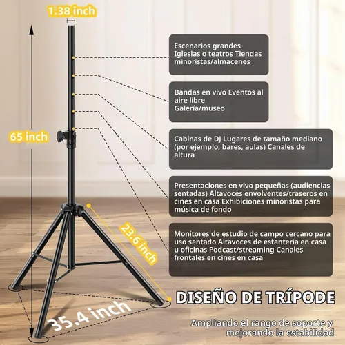 Vista 3 de Soporte de trípode para altavoces de escenario, altura ajustable de 89 a 152 cm, universal, resistente, inserto compatible de 35 mm