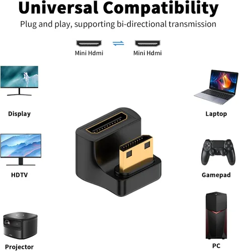 Vista 4 de Duttek Adaptador Mini HDMI de 180 grados 8K @60Hz, 48Gbps, en forma de U, adaptador extensor en ángulo mini HDMI en ángulo macho a hembra, luz LED