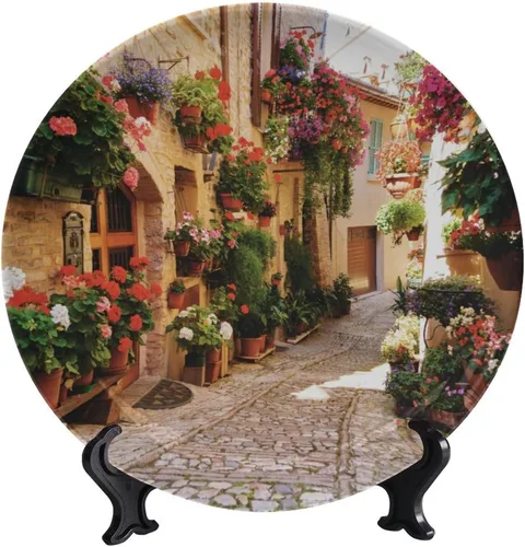 Vista 43 de Plato decorativo colgante de cerámica con temática de paisaje, plato decorativo redondo de plantas en maceta, con soporte decorativo, para sala