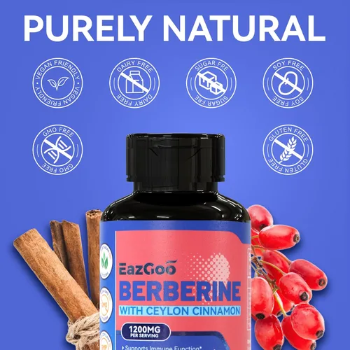 Vista 4 de Suplemento de berberina prémium de 1200 mg con canela de Ceilán, 90 cápsulas veganas, suplemento de berberina HCL sin gluten, apoyo inmunológico