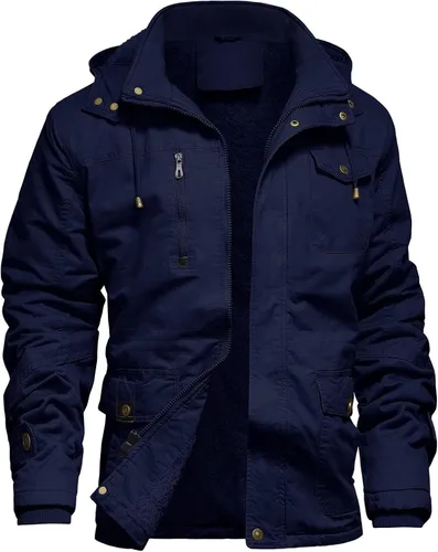Vista 17 de Chaqueta de invierno para hombre, chaqueta militar, chaqueta tipo cargo con forro polar, chaqueta cálida con capucha desmontable, chaqueta