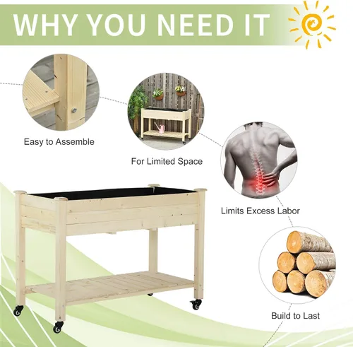 Vista 5 de Outsunny Cama de jardín elevada, 47 x 22 x 33 pulgadas, maceta de madera elevada con ruedas bloqueables, estante de almacenamiento y forro de cama