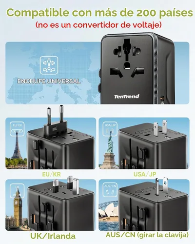 Vista 4 de TenTrend Adaptador de viaje universal, adaptador de corriente internacional de 30 W con 4 puertos USB-C y 1 USB-A, adaptador de enchufe de viaje