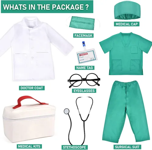 Vista 2 de Disfraz de médico para niños, kit de juego de simulación con abrigo de laboratorio, bolsa de transporte, accesorios de Halloween para niños y niñas
