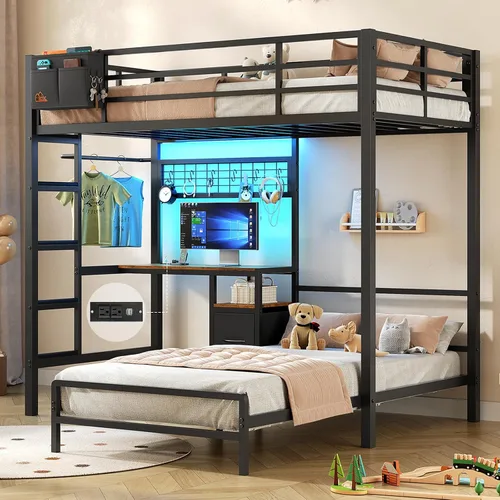 Vista 11 de DICTAC Litera de tamaño matrimonial sobre cama individual con escritorio y estación de carga, litera de metal tamaño matrimonial sobre individual
