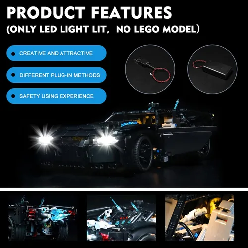 Vista 4 de VONADO Kit de luz LED compatible con Lego Technic The Batmobile 42127, iluminación de bricolaje para Lego Batmobile