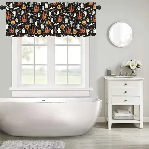 Vista 5 de Cortina de cenefa para fiesta de Halloween, diseño de dibujos animados, lindo fantasma, castillo sombrío, calabaza, murciélago, bolsillo para barra