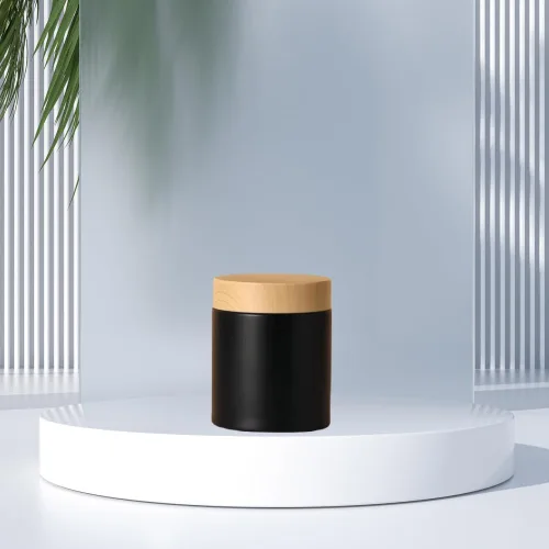Vista 3 de 4 tarros de vidrio redondos de 3.53 oz con tapas de grano de madera, recipientes vacíos recargables para cosméticos, tarros para loción, crema Negro