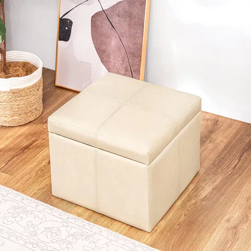 Vista 2 de Homebeez Faux Leather Storage Ottoman, 17.3" Square Upholstered Small Foot Rest Stool Cube Footstool with Hinged Lid, Load 300 lb, for Living Room