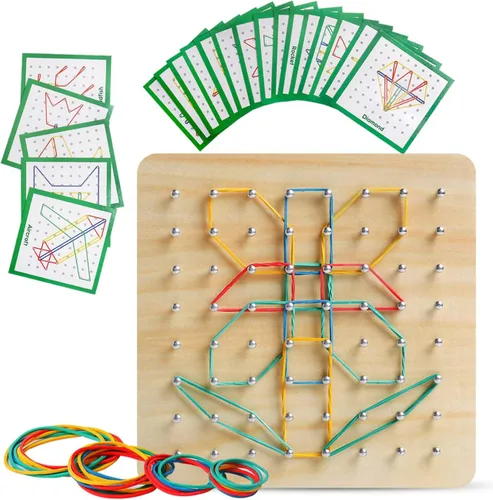 Vista 8 de Tablero geométrico de madera para niños - Juguete educativo Montessori STEM con tarjetas de patrones y bandas de goma, rompecabezas de formas