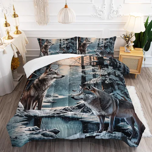 Vista 31 de AILONEN Juego de edredón con cabeza de lobo impresa tamaño individual, juego de ropa de cama de lobo para la noche para niños y hombres, juego