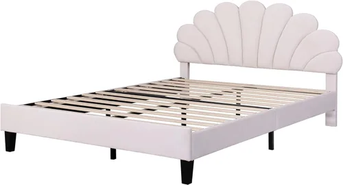 Vista 6 de Base de cama tapizada Queen con cabecero, cama moderna de plataforma de terciopelo con patrón de flores, soporte de listones de madera, tamaño Beige