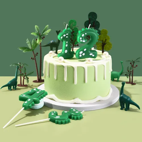 Vista 3 de PHD CAKE Velas de cumpleaños de 7.01 cm de dinosaurio verde con números del 5, velas de dinosaurio con números, velas de número para pastel