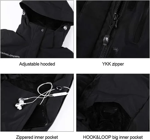 Vista 5 de CAMEL CROWN - Chamarra de esquí para mujer, impermeable, con capucha desmontable, rompevientos, forro polar, parka para lluvia