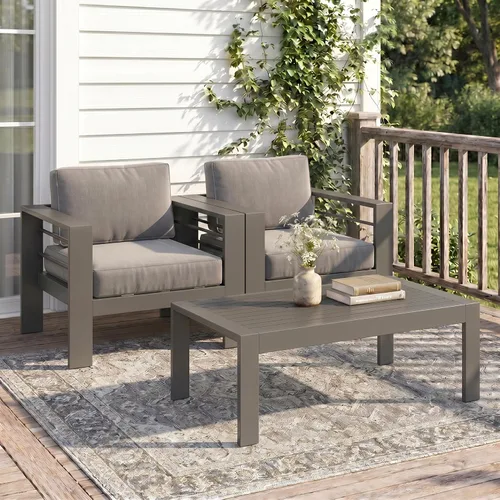 Vista 8 de Solaste Sofá de aluminio para patio con mesa auxiliar, juego de 3 muebles de patio con cojines, sofá de exterior para todo tipo de clima