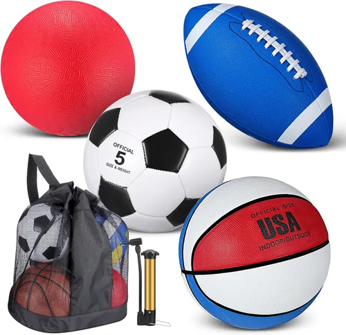 Vista 9 de Lenwen Juego de 4 pelotas deportivas, incluye tamaño oficial de baloncesto, fútbol, fútbol, parque infantil, bolsa de equipamiento