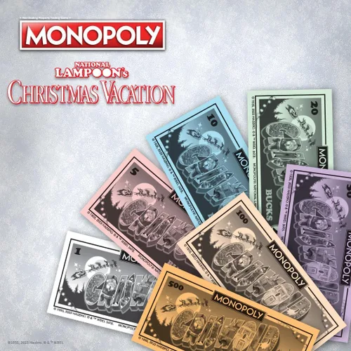 Vista 7 de Monopoly Vacaciones de Navidad de National Lampoons, con fichas temáticas de ardilla, taza de ponche de huevo, motosierra y más, 2-6 jugadores