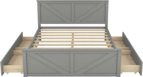 Vista 5 de Anwick Cama de plataforma de madera con 4 cajones de almacenamiento, base de cama de plataforma de madera maciza con cabecera y patas de apoyo