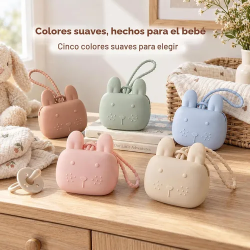 Vista 8 de ROCCED Funda de silicona para chupetes con diseño de conejito con correa de silicona suave, almacenamiento de viaje para cochecito y bolsa