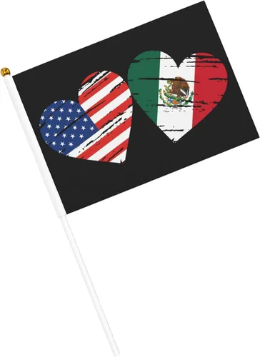 Vista 2 de Bandera de México de Estados Unidos, bandera de mano con corazón, tamaño único, tamaño pequeño, mini banderas en palo, decoraciones de fiesta