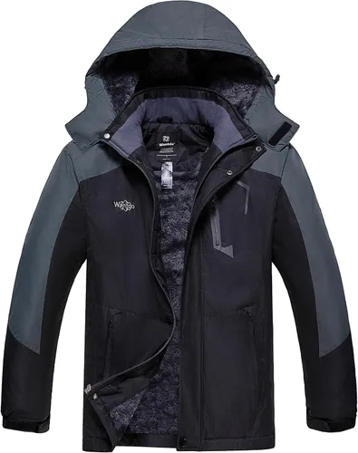 Vista 11 de wantdo Chaqueta de esquí impermeable de montaña para hombre, chaqueta de lluvia resistente al viento, abrigo cálido con capucha para invierno
