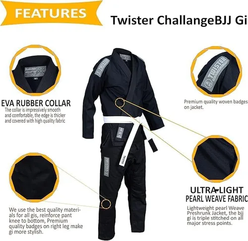 Vista 2 de TWISTER Challenge BJJ Gi Brasileño Jiu Jitsu Gi preencogido Pearl Weave 16.76 oz 100% Tela de algodón
