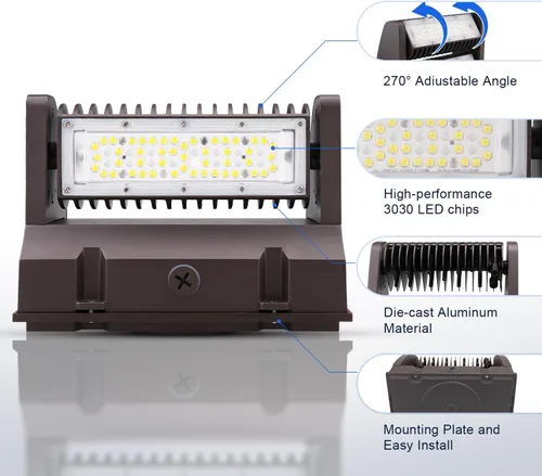 Vista 7 de Paquete de luz LED giratoria de 40 W con cabezal ajustable, 5000 K 5400 LM, IP65 impermeable, accesorios de iluminación de seguridad comercial