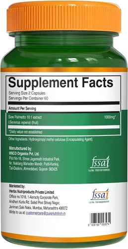 Vista 8 de Pure Nutrition Saw Palmetto Extracto 10:1, 1000 mg por porción de 2 cápsulas 120 cápsulas vegetales Soporte de próstata Suplemento de próstata