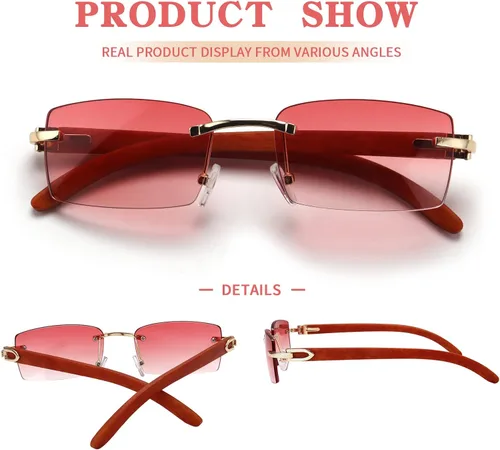 Vista 4 de Dollger Lentes de sol rectangulares sin montura para hombres y mujeres, hip-hop de madera, pequeños lentes de sol cuadrados sin marco de los años 70