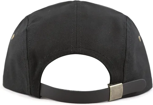 Vista 5 de The Hat Depot Hecho en Estados Unidos de sarga de algodón 5 paneles de ala plana de cuero genuino latón Biker Board Cap Negro