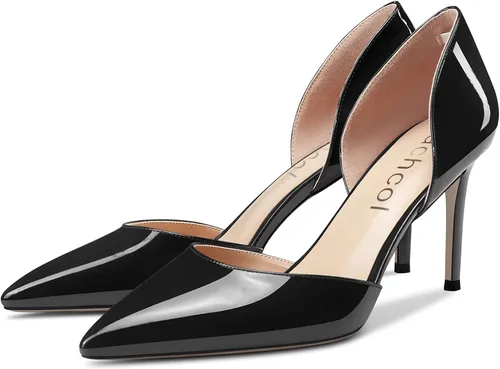 Vista 4 de Aachcol Zapatos de tacón alto medio para mujer, sin cordones, de dos piezas, punta puntiaguda, zapatos de vestir para oficina, fiesta, boda, patente