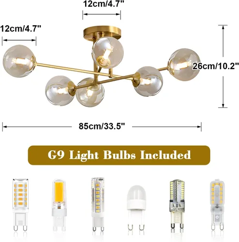 Vista 2 de Moderna Lámpara de Techo de 6 Luces con Forma de Globo Sputnik de Montaje Empotrado Lámpara de Techo Sputnik de Mediados del Siglo de Metal Dorado