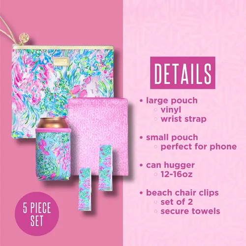 Vista 3 de Lilly Pulitzer Funda de vinilo resistente al agua para la playa, bolsa con cremallera incluye protector de bebidas, funda pequeña y clips para toalla